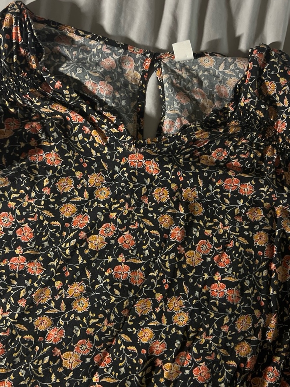 Old Navy Black Floral Smocked Neck Blouse with Coral & Yellow Flowers